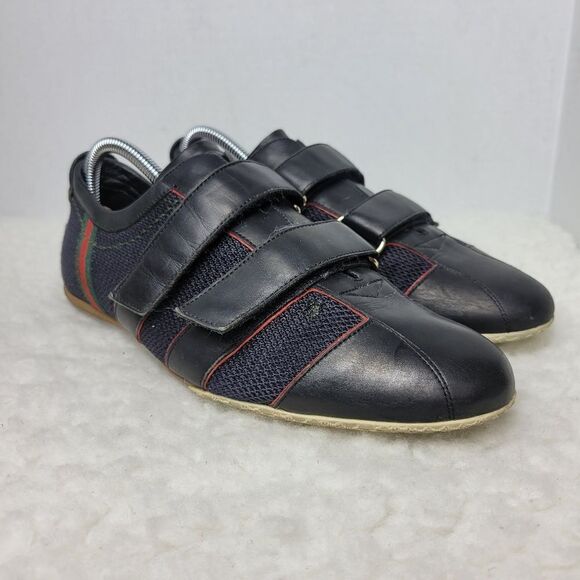 Vtg Gucci Mens Sneaker Size 8 D  Mesh Black Leather  Low Top 141986 Shoes - Picture 1 of 11